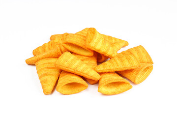 Portion of cone shaped snack isolated on white background. Tornado shaped crackers
