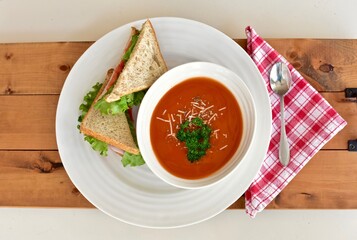 Tasty comfort meal soup and sandwich for cool blustery spring day. Food background, photo concept, healthy lifestyle eating. 
