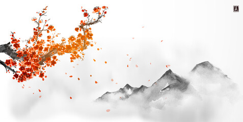 Oriental cherry blossoming branch, petals on the wind and distant  mountains. Traditional oriental ink painting sumi-e, u-sin, go-hua. Translation of hieroglyph - beauty © elinacious