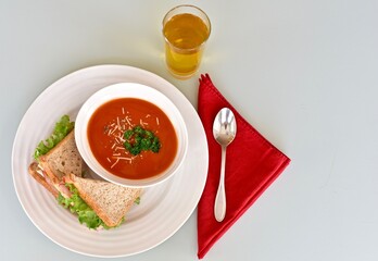 Tasty comfort meal soup and sandwich for cool blustery spring day. Food background, photo concept, healthy lifestyle eating. 