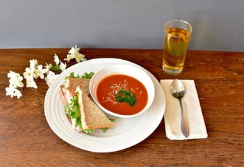 Tasty comfort meal soup and sandwich for cool blustery spring day. Food background, photo concept, healthy lifestyle eating. 