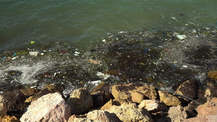 Garbage in the Mediterranean Sea. Environmental pollution. Harm to animals. Discarded garbage brought the waves ashore. Close-up