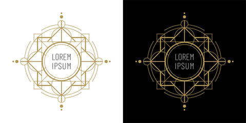 Sacred geometry style vector logo template. Geometric emblem, frame design. - 425405358