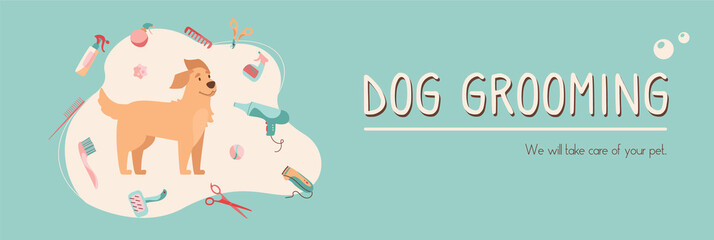 Animal grooming web banner. Pet haircut in cartoon style. Golden Retriever and grooming products, shampoos, wire cutters, combs, scissors. Vector. Landing page isolated on white.