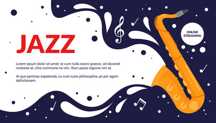 Cartoon musical fest announcement, party show promotion advertisement with vintage trumpet instrument and notes melody poster. Jazz music art festival event flyer vector illustration.