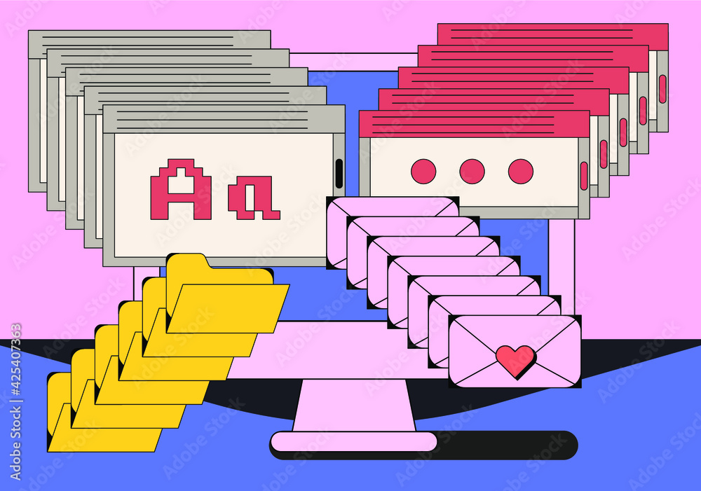 Fototapete Computer screen with programs and applications. Conceptual flat vector illustration of home office, UI and UX design and programming.