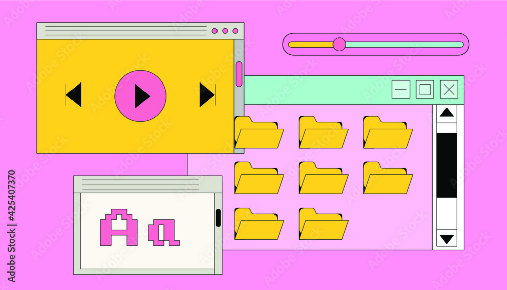 Poster set of flat retrowave ui and ux elements: dialog box, tab, button, modal window.