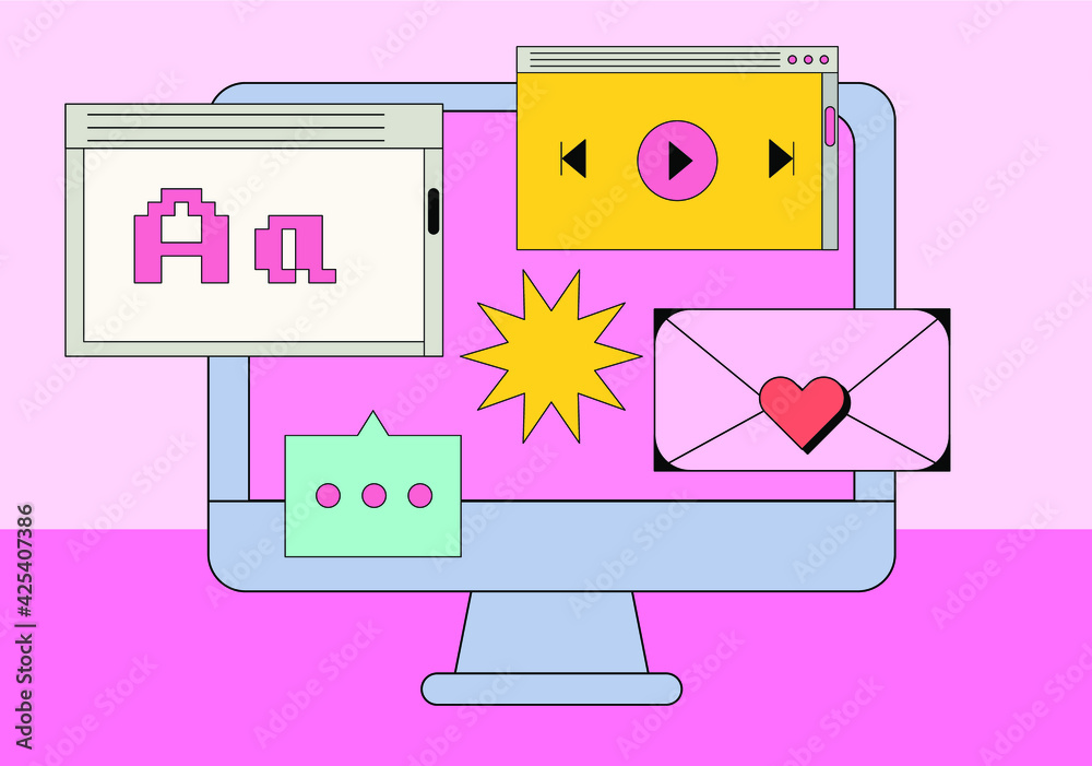 Leinwandbilder Computer screen with programs and applications. Conceptual flat vector illustration of home office, UI and UX design and programming.