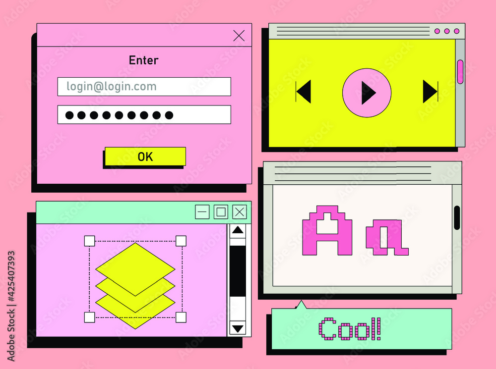 Aufkleber set of flat retrowave ui and ux elements: dialog box, tab, button, modal window.