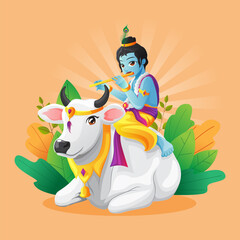 Cute illustration of little krishna playing flute while riding white cow