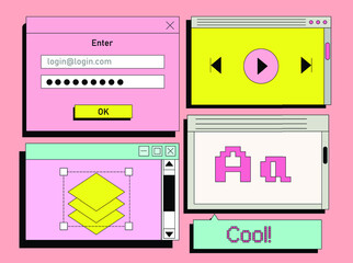 Set of flat retrowave UI and UX elements: dialog box, tab, button, modal window.