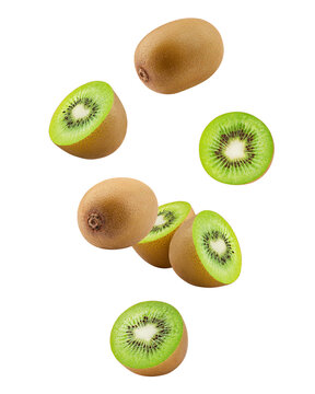 Falling kiwi isolated on white background, full depth of field, clipping path