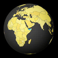 Somaliland on dark globe with yellow world map. Country highlighted with blue color. Satellite world projection centered to Somaliland. Classy vector illustration.