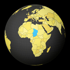 Chad on dark globe with yellow world map. Country highlighted with blue color. Satellite world projection centered to Chad. Trendy vector illustration.