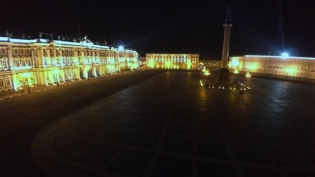 Aerial view. Palace Square, Hermitage in St. Petersburg. Night. 4K.