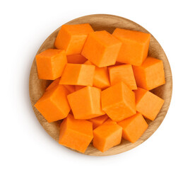 butternut squash slice in wooden bowl isolated on white background with clipping path and full depth of field. Top view. Flat lay