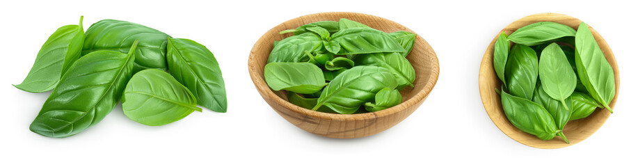 Fresh basil leaf isolated on white background with clipping path and full depth of field. Top view. Flat lay, Set or collection