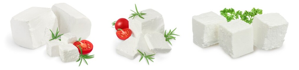 Feta cheese isolated on white background. With full depth of field. Set or collection
