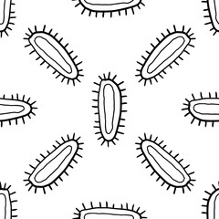 Fototapeta premium Cute doodle bacterium, bacillus, virus seamless pattern isolated on white background. Cell cartoon element.