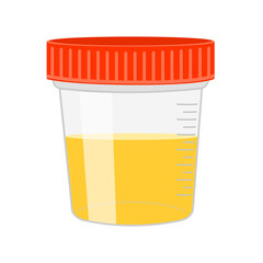 Urinalysis. Urine sample in plastic container. Laboratory examination and diagnostics concept. Vector cartoon illustration.