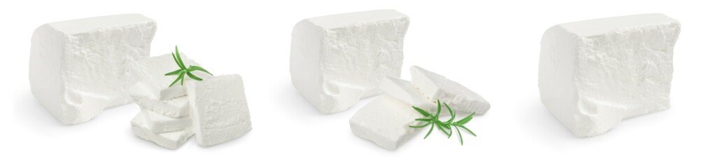 Feta cheese isolated on white background. With full depth of field. Set or collection