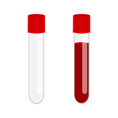 Glass test tube empty and full with blood sample isolated on white background. Blood medical analysis icon. Vector flat illustration.