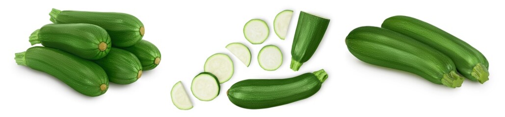 Fresh whole zucchini isolated on white background with clipping path and full depth of field. Set or collection