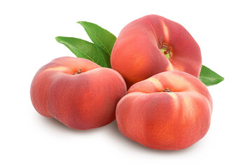 Ripe chinese flat peach fruit with leaf isolated on white background with clipping path and full...