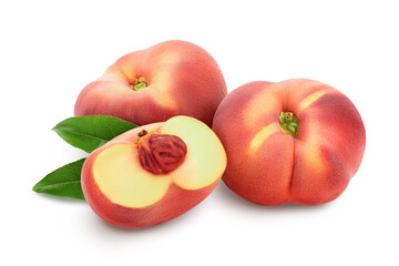 Ripe chinese flat peach fruit with leaf isolated on white background with clipping path and full depth of field