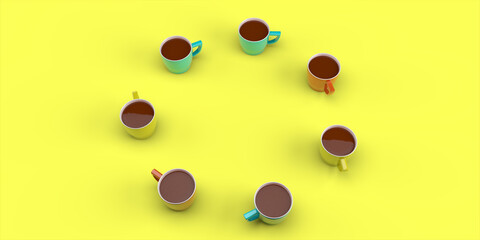 Seven colored coffee cups arranged in a circle on a yellow background. Minimalistic concept. 3d rendering