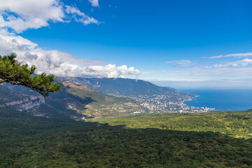 Aerial view to Yalta town from mountain road viewpoint. Crimea