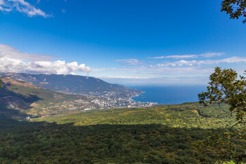 Fototapeta premium Aerial view to Yalta town from mountain road viewpoint. Crimea