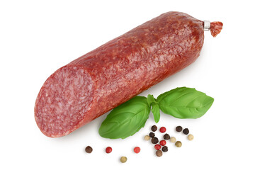 Smoked sausage salami isolated on white background with clipping path and full depth of field. Top view. Flat lay