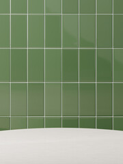 Minimal mockup background for product presentation. White podium on green ceramic tile. Clipping path included. 3d rendering illustration. 