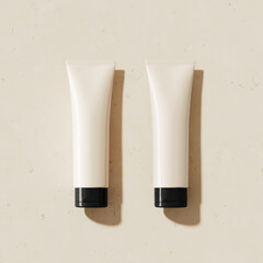 Minimal mockup background for product presentation. cosmetic tube on beige background. Clipping path of each element included. 3d rendering illustration. 