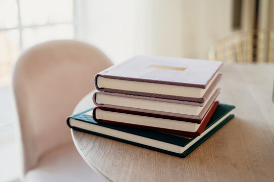 Color modern books diaries. A notebook for teaching school records and events. Photo album for photos. Copy space.