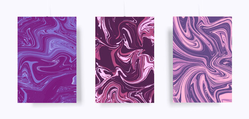 Trendy cover design with liquid background. Marble vector texture set