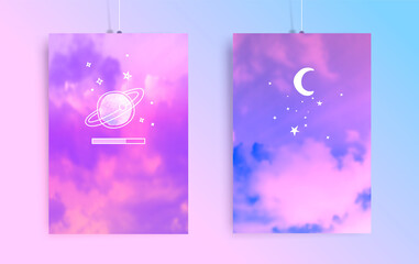 Aesthetic posters with sky and handdrawn doodles. Trendy illustrations set