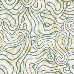 Abstract colorful hand drawn doodle wavy seamless pattern with halftone shapes. Curly linear messy background.