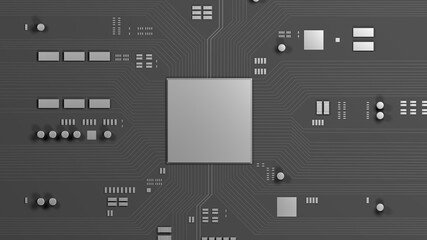 Dark gray chip on circuit board. Computer motherboard with CPU. Technology background. 3d illustration.