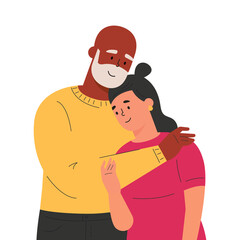 Happy adult daughter hugging old father feeling love to each other. Portrait of young woman hugging her grandpa. Friendly family relationship. Cartoon vector flat illustration on white background. 