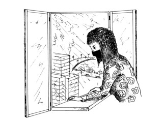 A young girl in a protective mask stands at the open window and looks at the empty city. Weekends and vacations spent at home in isolation. Black and white vector illustration.