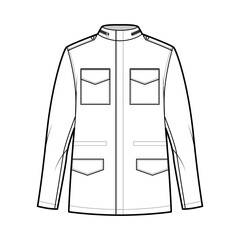 M-65 field jacket technical fashion illustration with oversized, stand collar, hide hood, long sleeves, flap pockets, epaulettes. Flat coat template front, white color style. Women men top CAD mockup