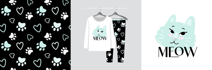 Seamless pattern and illustration set, cat with mint footprint, Meow text