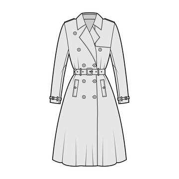 Full Trench coat technical fashion illustration with belt, double breasted, long sleeves, napoleon wide lapel collar. Flat jacket template front, grey color style. Women, men, unisex top CAD mockup