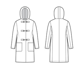 Clasp coat technical fashion illustration with long sleeves, hood, oversized body, patch pockets, knee length. Flat jacket template front, back, white color style. Women, men, unisex top CAD mockup © Vectoressa