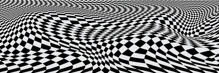  Chess waves board. Abstract 3d black and white illusions. Pattern or background with wavy distortion effect