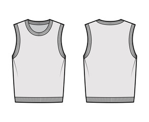 Pullover vest sweater waistcoat technical fashion illustration with sleeveless, rib knit round neckline, oversized body. Flat template front, back, grey color style. Women, men, unisex top CAD mockup