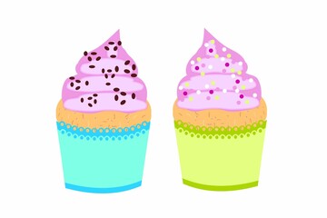 Cupcakes with pink cream and sprinkles in bright packaging on a white background for print and creativity