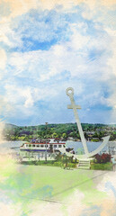 Fototapeta premium Watercolor pattern of Pier with boat and anchor colorful illustration